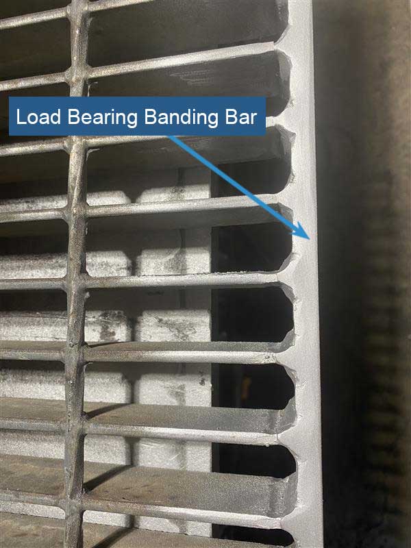 Image of load bearing banding bar with antivibration welds. We weld each bearing bar to banding bar with 2 welds. That is why our grating steel panels sustain better multidirectional impact. Our antivibration welds exceed NAAMM standards. JW Investrade Inc for metalgrating.ca 2023 London, Ontario