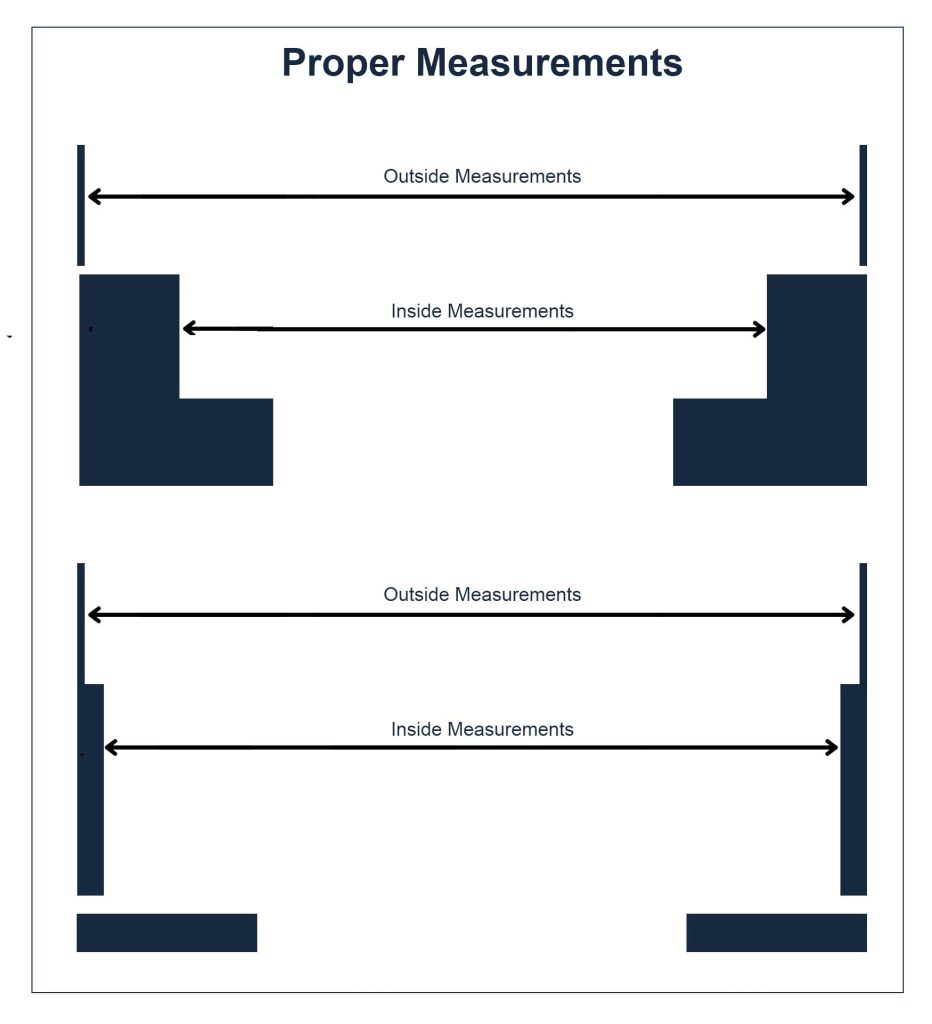 These two sketches show proper inside and outside measurements for grating steel for concrete support ( top sketch) and steel support with kick plate separated from grating steel (bottom sketch). JW Investrade Inc for metalgrating.ca 2023 London Ontario.