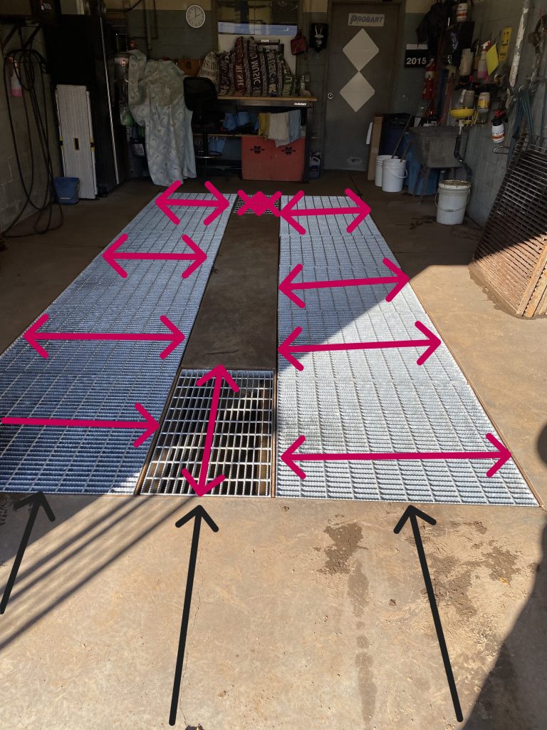 The span of grating steel panels is marked in red on 4 grating areas and traffic direction is marked in black color. The span of grating steel panels is perpendicular to the traffic direction. JW Investrade Inc for metalgrating.ca 2023 London Ontario