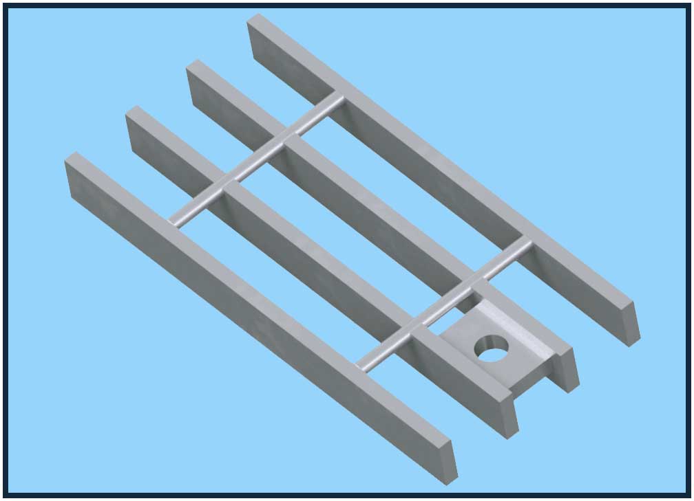Weld lug in grate steel for pedestrians and vehicles. The weld lug provides depth flexibility. JW Investrade Inc for metalgrating.ca 2024 London Ontario